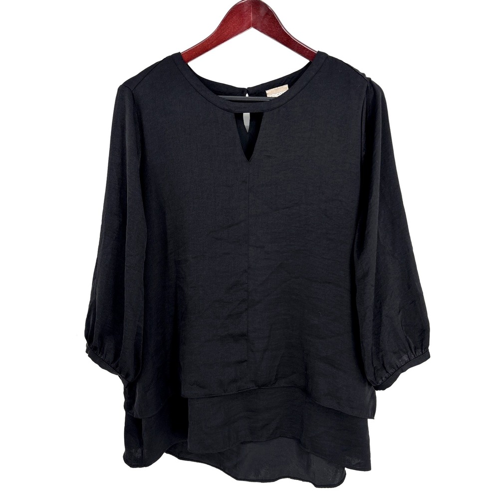 Chicos‎ 2 Top Black Shiny Silk-Like Pullover Tunic Blouse Layered Old Money